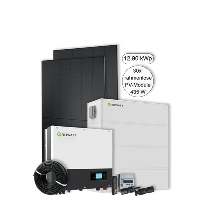 PV-Anlage mit Stromspeicher Standard | 30 Solarmodule Fullscreen 12,9 kWp | 7,68 kWh  Speichersystem | Notstromfähig | Growatt